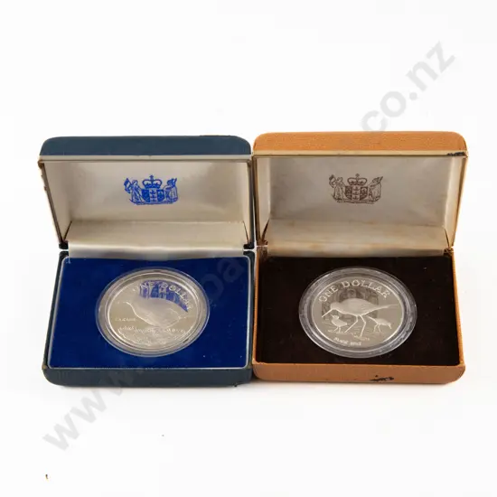 NZ 1982 Takahe Proof Silver $1 and 1985 Black Stilt Proof Silver $1