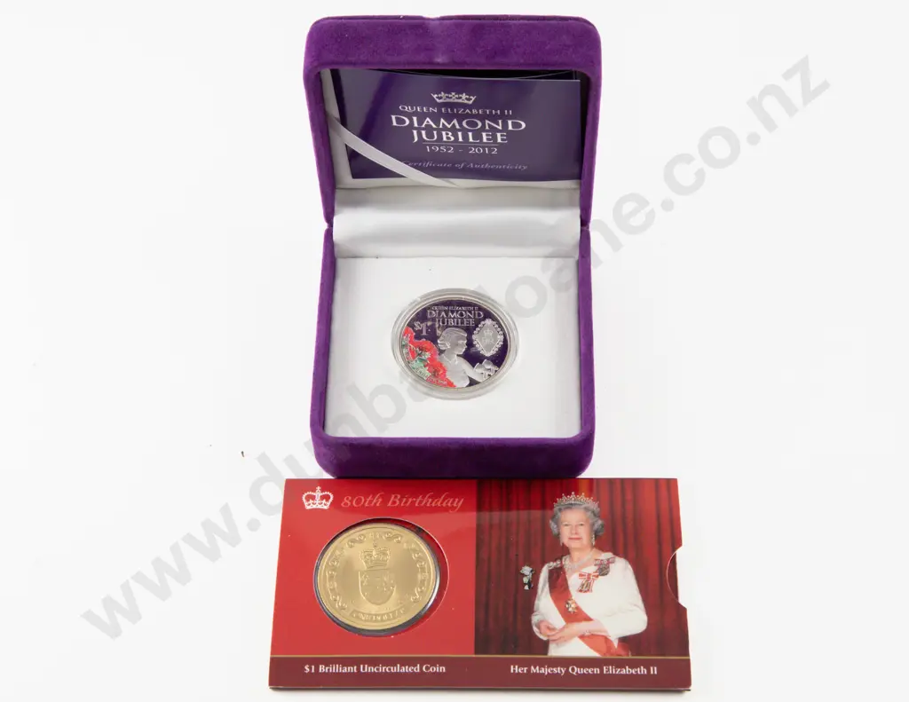 NZ 2012 QEII Diamond Jubilee Silver Proof $1 ans 80th Birthday Unc $1 Image 1++