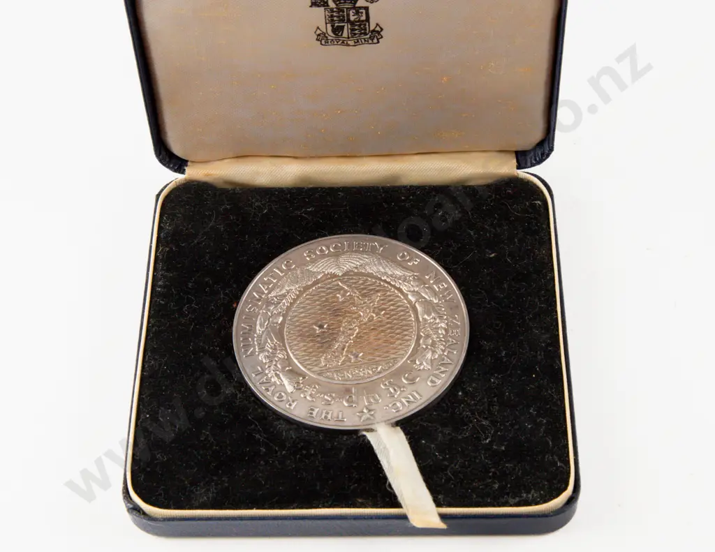 NZ 1967 The Royal Numismatic Society of NZ £ s d  to $ c Silver Medal Image 1++