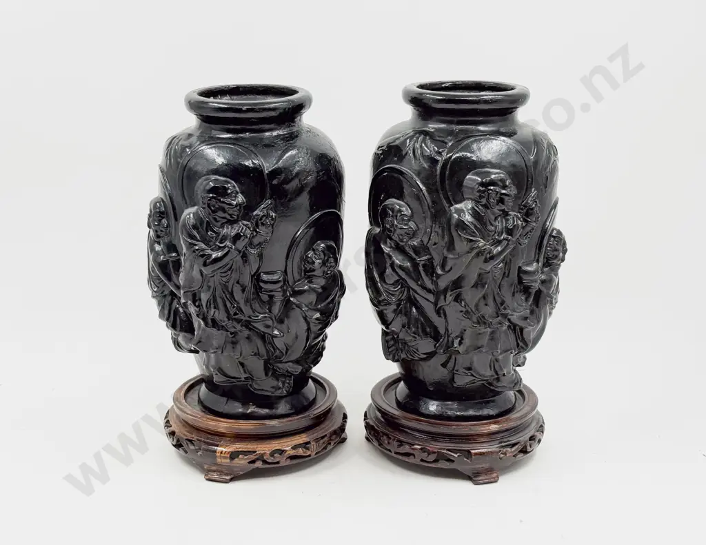 Pair of Ebonised Relief Moulded Vases (faults) Image 1++