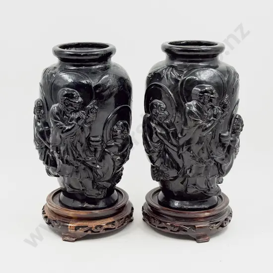 Pair of Ebonised Relief Moulded Vases (faults)