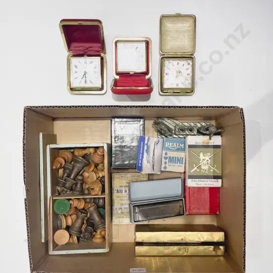Box of Assorted Including Travel Clocks with Chess Set & Playing Cards Etc