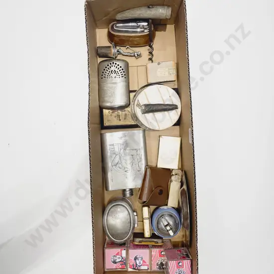 Box of Assorted Including Vintage Lighters & Hip Flasks Etc