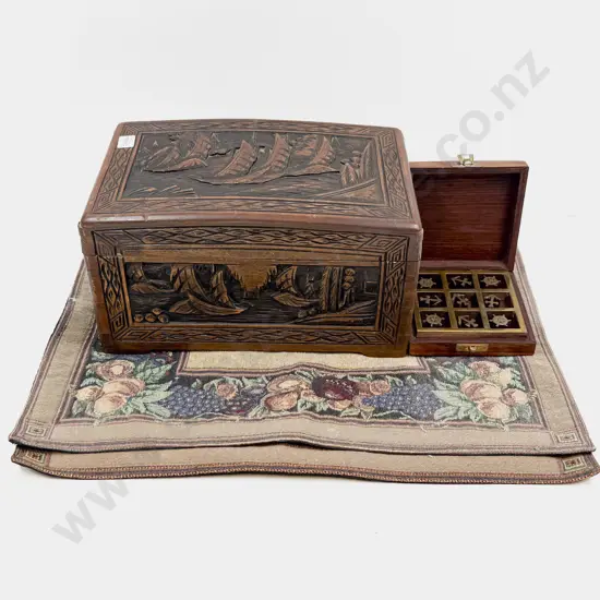 Small Carved Camphor Wood Box & Assorted