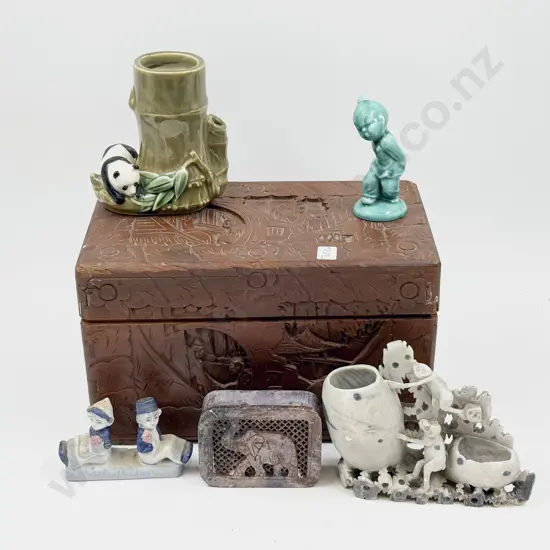 Small Carved Camphor Wood Box & Assorted