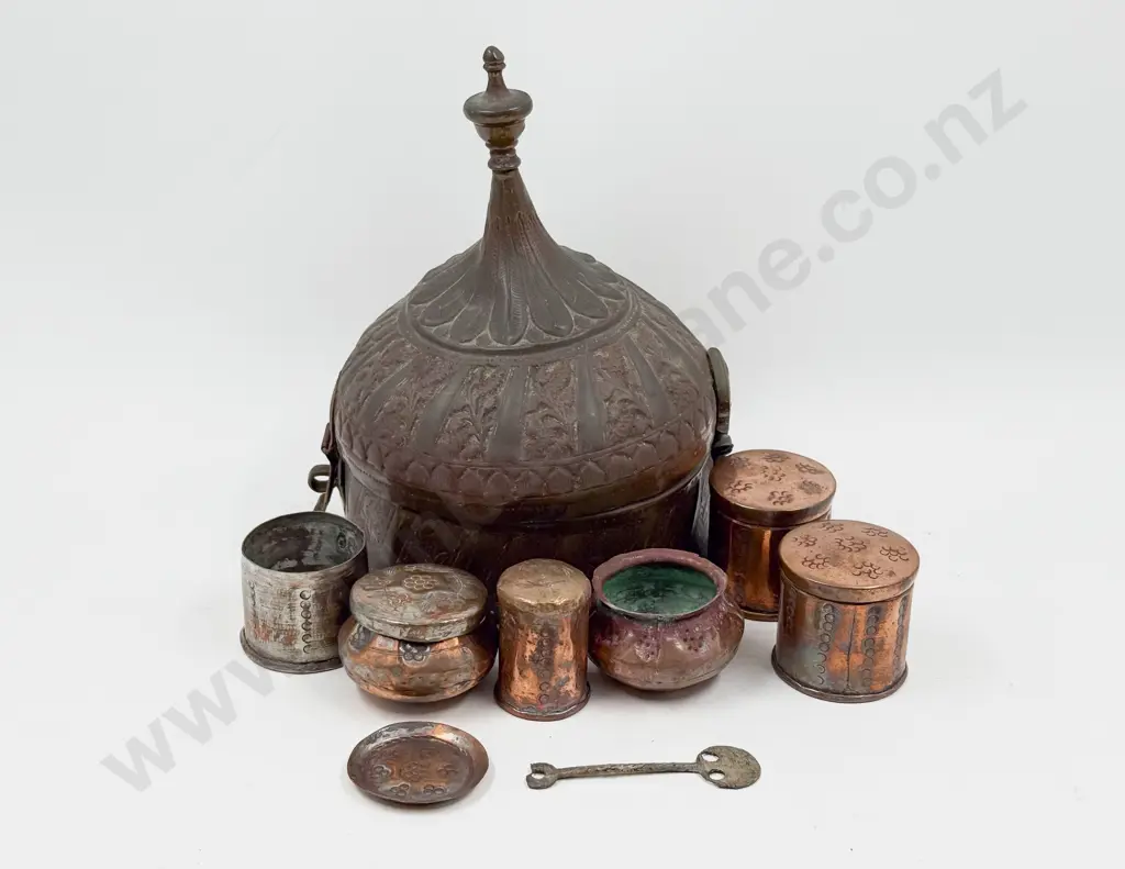 Indian Copper Pandan Box with Assorted Copper Small Lidded Jars etc Image 1++