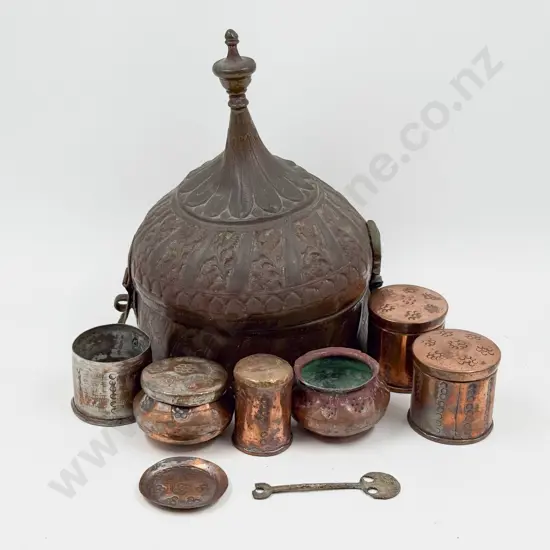 Indian Copper Pandan Box with Assorted Copper Small Lidded Jars etc