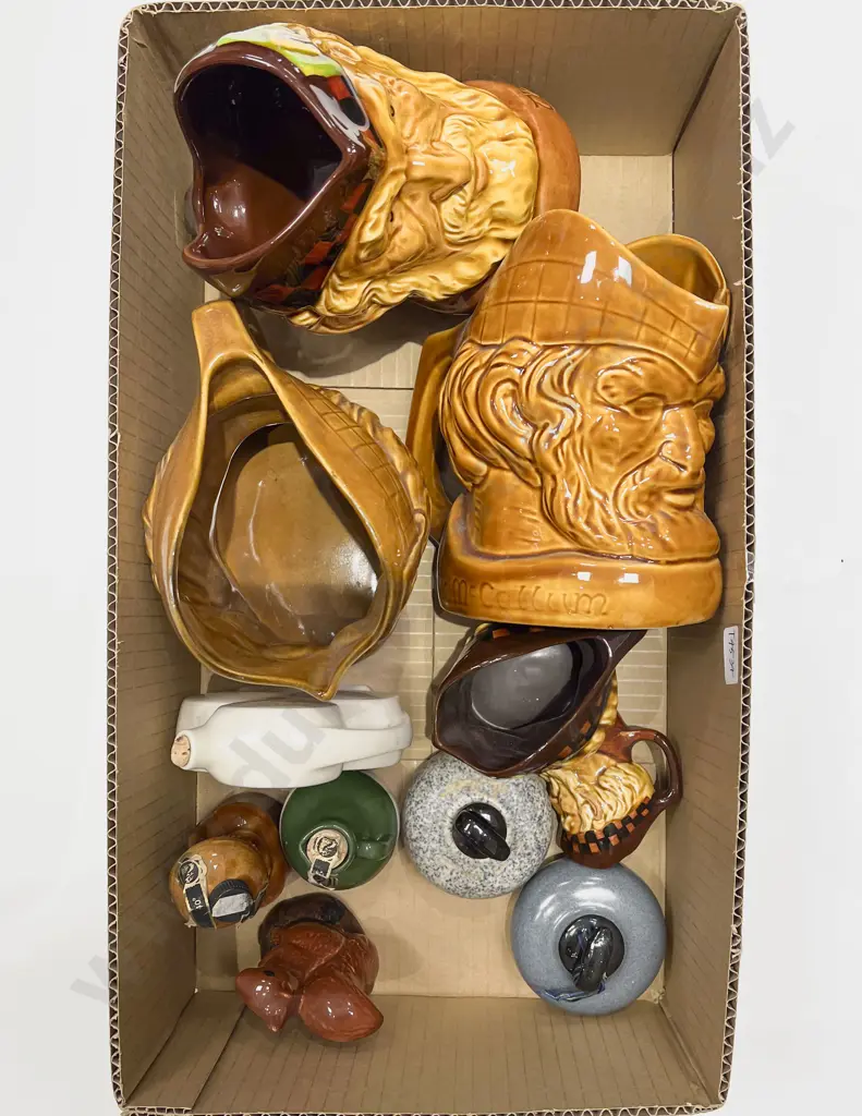 Box of Assorted Alcohol Advertising Jugs Etc Image 1++