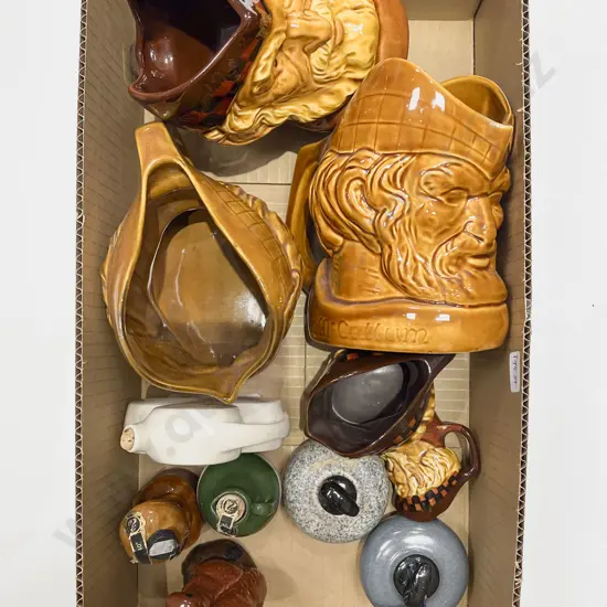 Box of Assorted Alcohol Advertising Jugs Etc