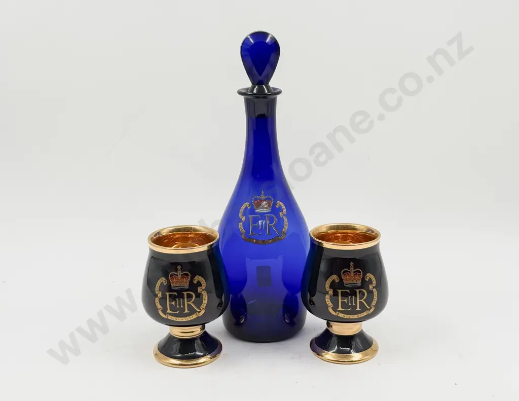 Silver Jubilee Blue Glass Decanter & Two Silver Jubilee Goblets Image 1++