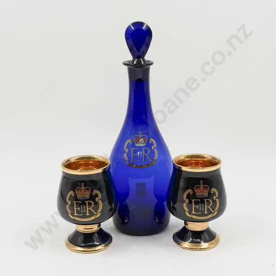 Silver Jubilee Blue Glass Decanter & Two Silver Jubilee Goblets