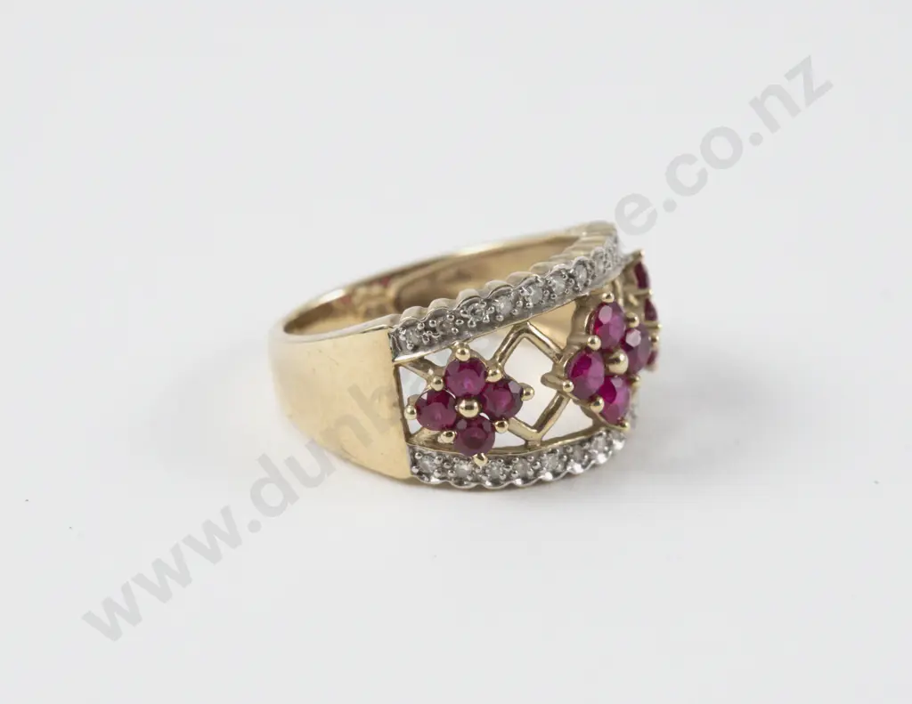 9ct 38Stone Imitation Ruby and Diamond Band Ring Image 1++