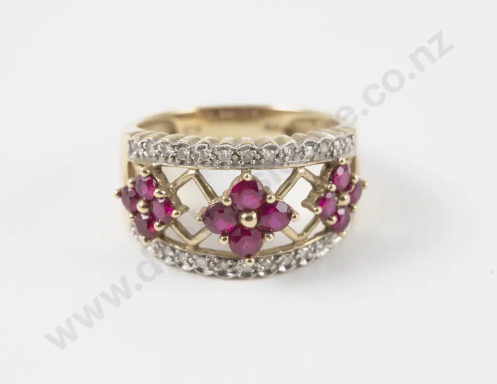 9ct 38Stone Imitation Ruby and Diamond Band Ring Image 1++