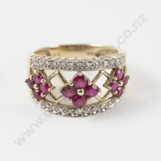 9ct 38Stone Imitation Ruby and Diamond Band Ring