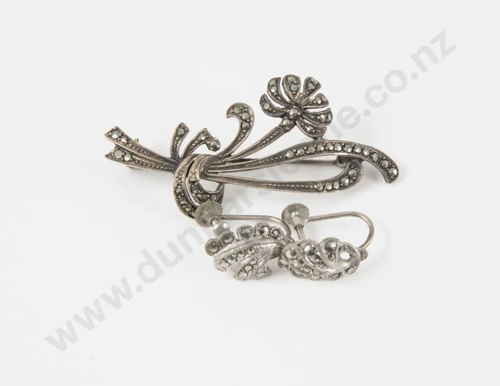 S/S and Marcasite Spray Brooch and Pair Earrings Image 1++