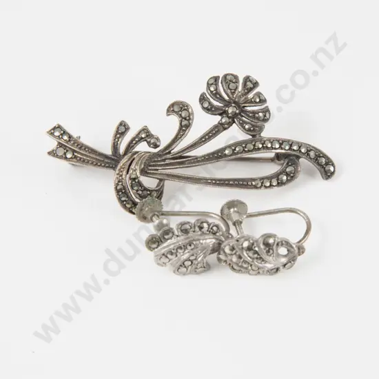 S/S and Marcasite Spray Brooch and Pair Earrings