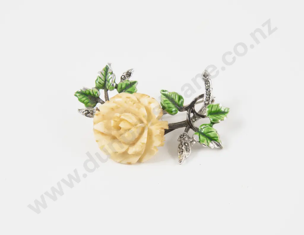 Carved Ivory Enamel and Marcasite Floral Brooch Image 1++