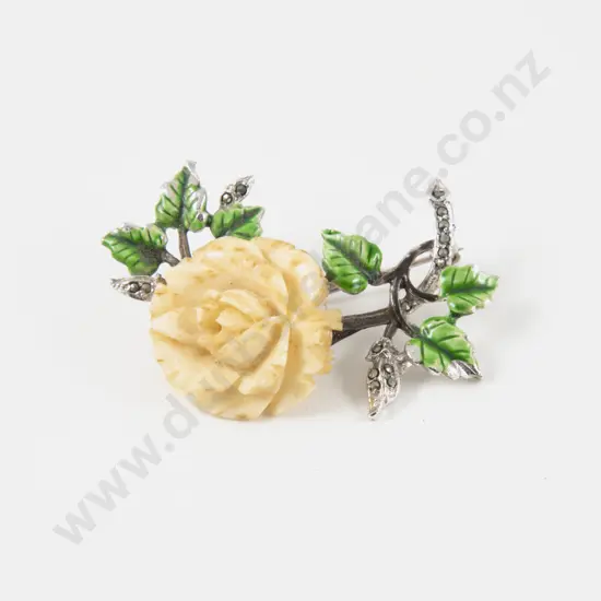 Carved Ivory Enamel and Marcasite Floral Brooch