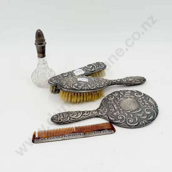 Four Piece S/S Vanity Set Together with S/S topped Scent Bottle