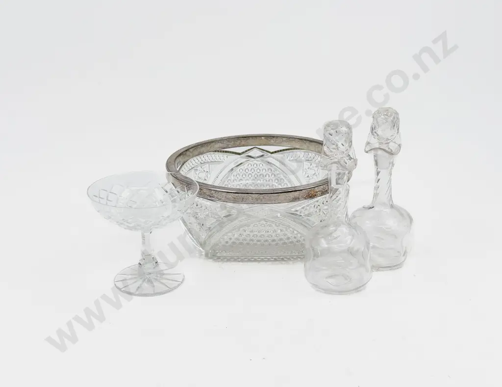 Pair of Small Glass Decanters with Glass Serving Bowl and Other Image 1++