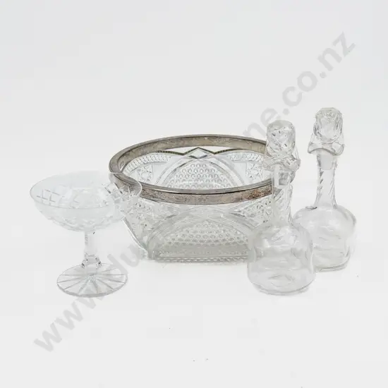 Pair of Small Glass Decanters with Glass Serving Bowl and Other