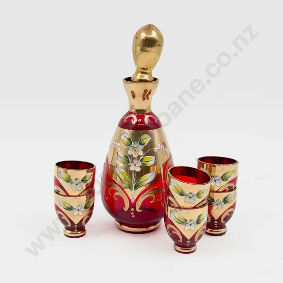 Venetian Glass Decanter and Six Matching Cups