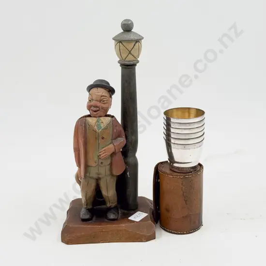 Vintage Musical Wooden Figure (faults) together with Cased S/P Cup Set