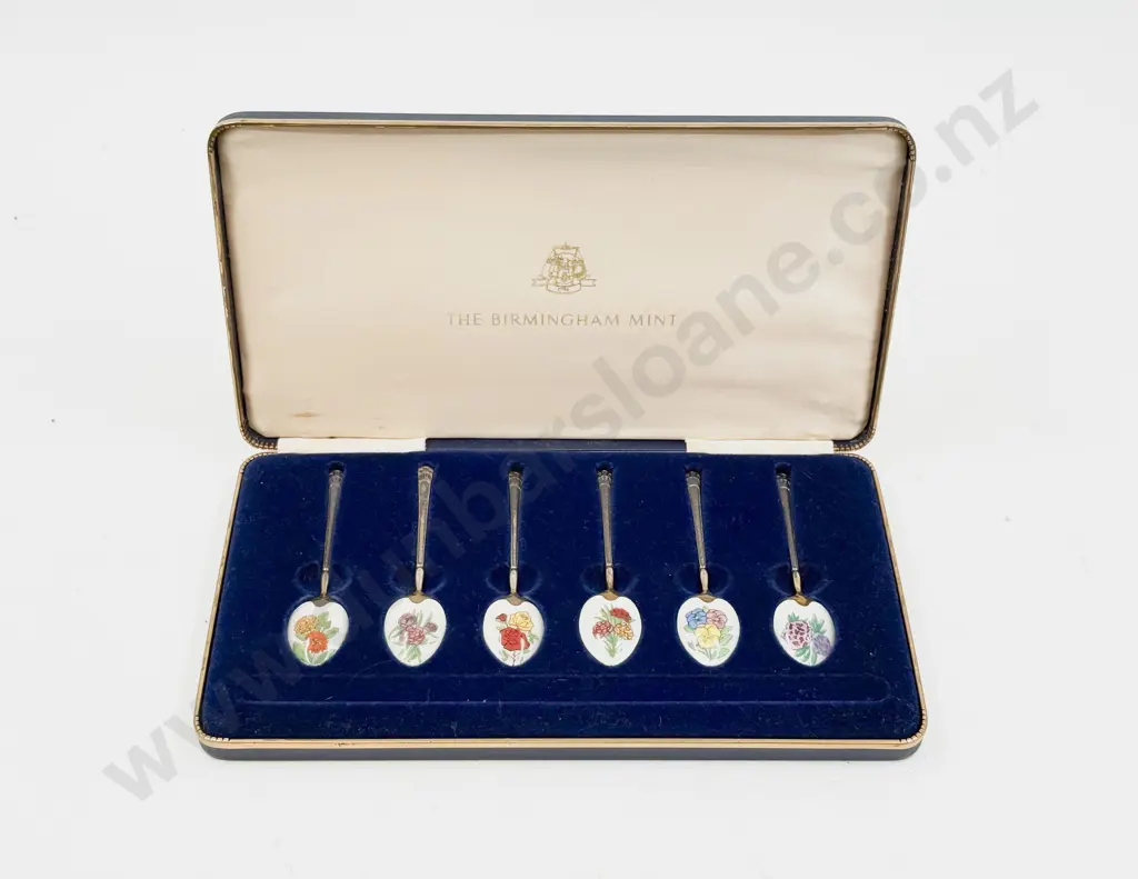 Birmingham Mint S/S & Enamelled Cased Set of Six Teaspoons Image 1++