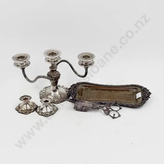 Small Qty of Assorted S/P including Candelabra, Snuffers & Tray