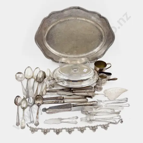 S/P Oval Tray, Entree Dish, Asstd Cutlery, Broken & Scrap S/S Odds, Etc