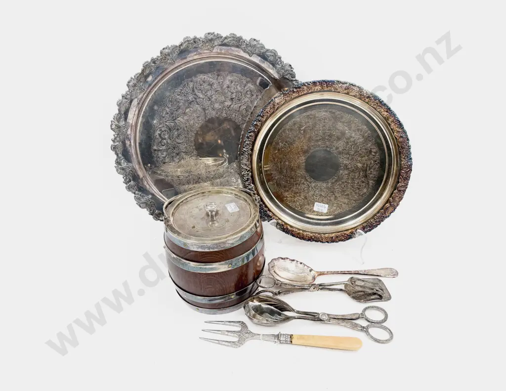 2 S/P Circular Salvers, Oak Biscuit Barrel, Bread Fork, 2 Pairs Tongs & Serving Spoon Image 1++