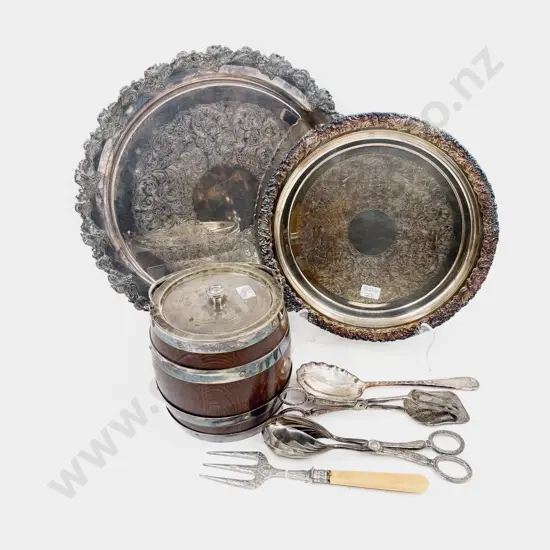 2 S/P Circular Salvers, Oak Biscuit Barrel, Bread Fork, 2 Pairs Tongs & Serving Spoon