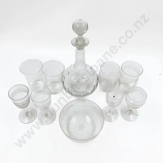 Decanter with Assorted Vintage Etched Glassware