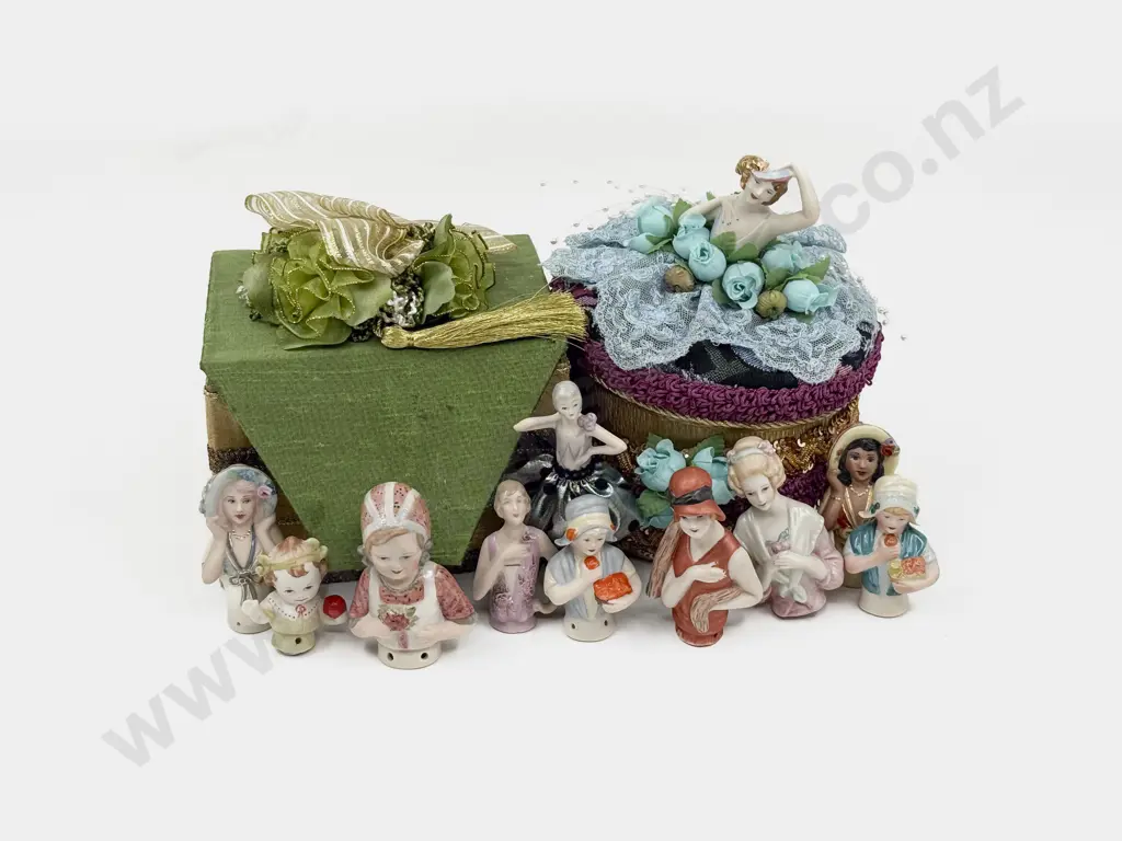 New Bisque China Half Head Dolls and Two Boxes Image 1++