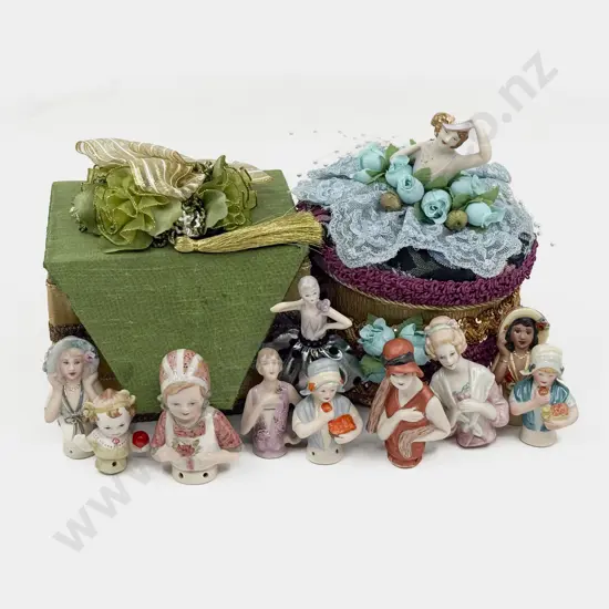 New Bisque China Half Head Dolls and Two Boxes