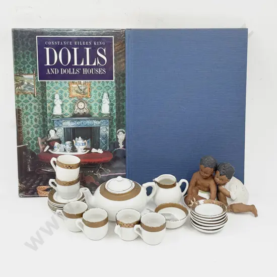 Two Doll Reference Books with Pair of Bisque Piano Babies and Nursery Tea Set