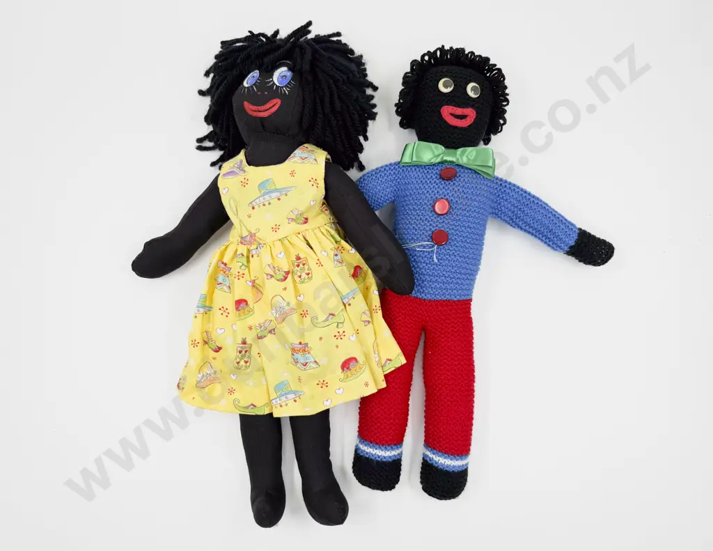 Two Vintage Hand Crafted Cloth and Knitted Gollies 48cm 45cm Image 1++