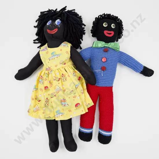 Two Vintage Hand Crafted Cloth and Knitted Gollies 48cm 45cm