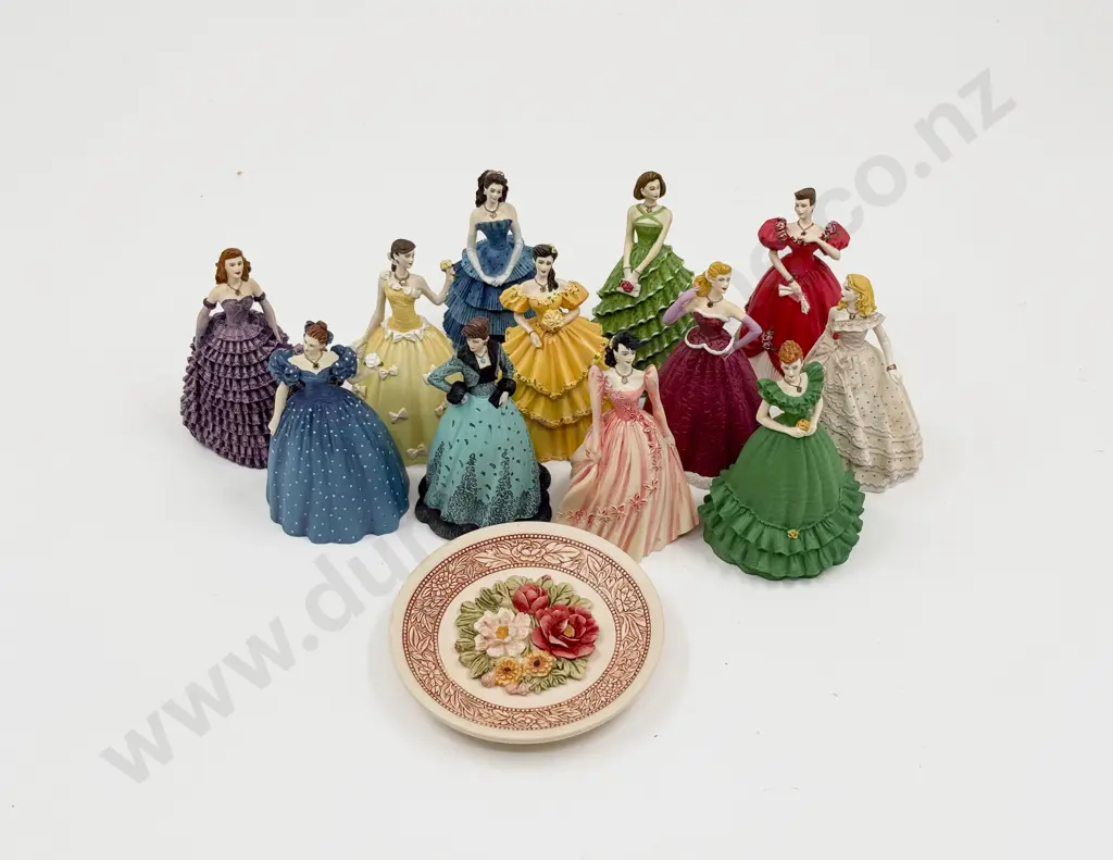 12 Franklin Mint Resin Dolls of the Month and Dish Image 1++
