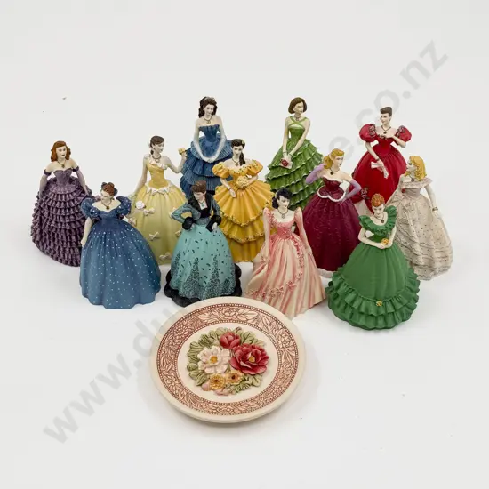 12 Franklin Mint Resin Dolls of the Month and Dish