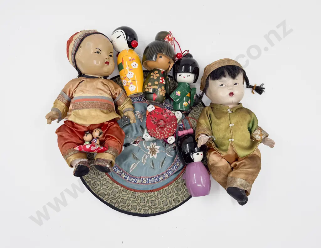 Pair of Composition Asian Dolls and Kokeshi Dolls Image 1++