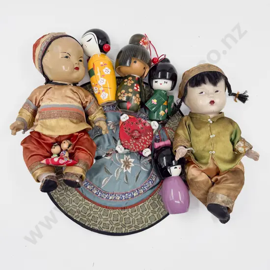 Pair of Composition Asian Dolls and Kokeshi Dolls