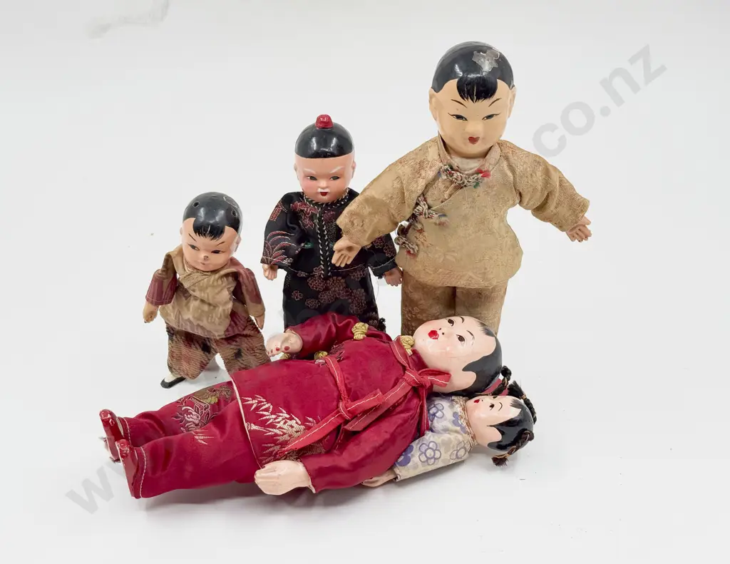 Four Vintage Composition Asian Costume Dolls Image 1++