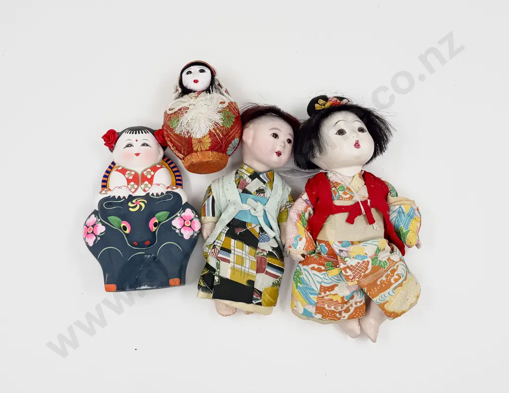 Two Vintage Composition Asian Dolls with Other and China Doll Figure Image 1++