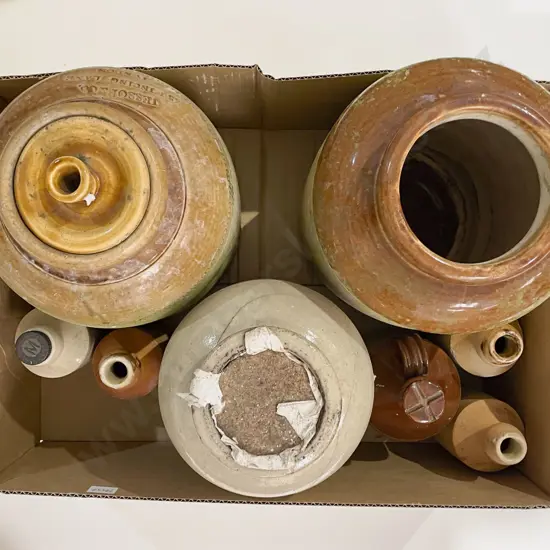 Box Of Assorted Stoneware Crocks and Bottles etc (faults)