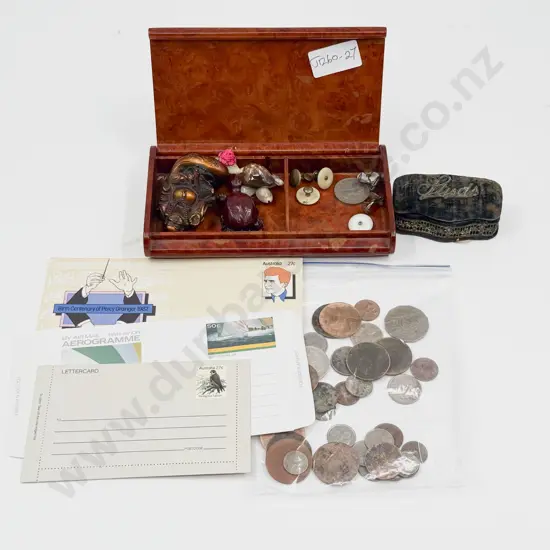 Small Qty Vintage Pocket Change Coinage - Stamps - Studs and Box - Ornaments - Cig Box