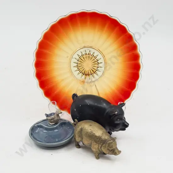 Two Pig Ornaments together with Small Wade Dish on Glass Dish