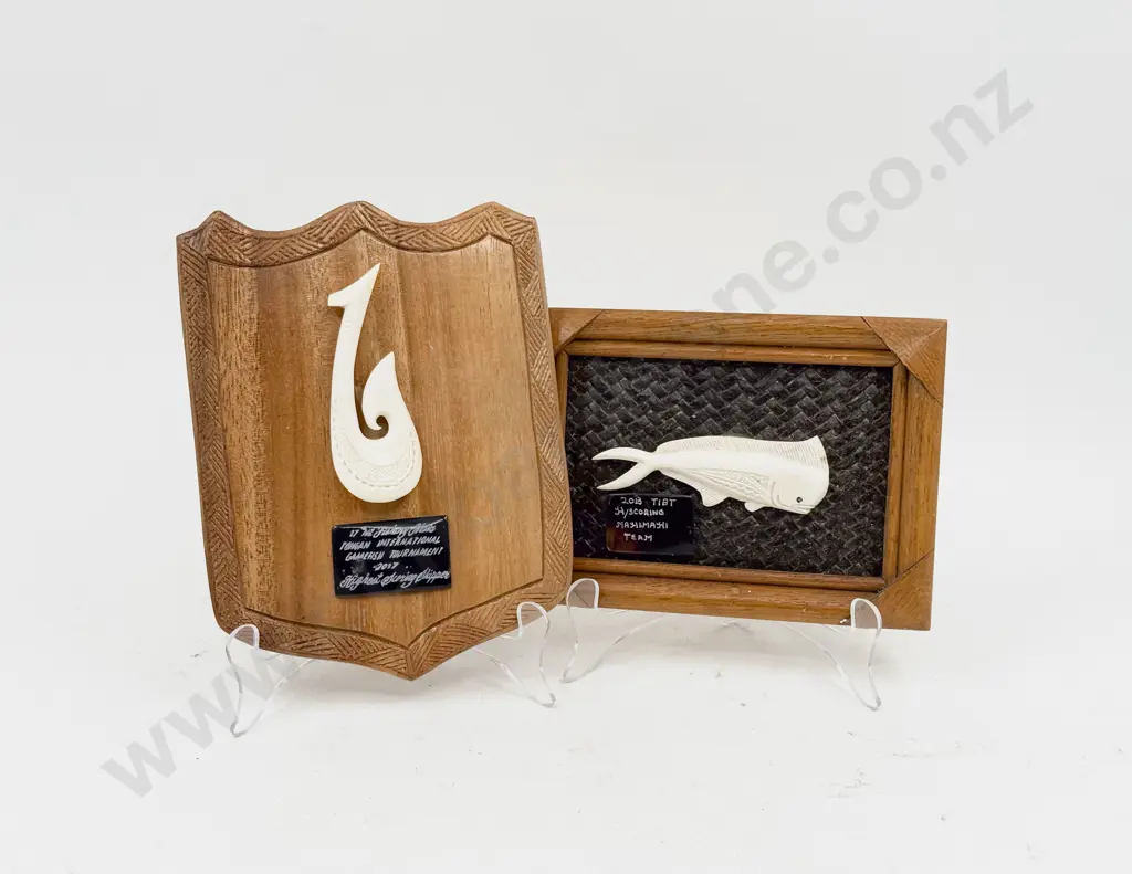 Two Plaque Mounted Bone Carvings Image 1++