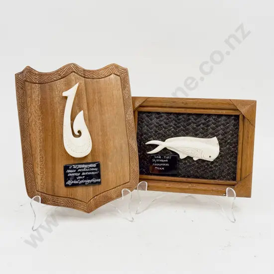 Two Plaque Mounted Bone Carvings