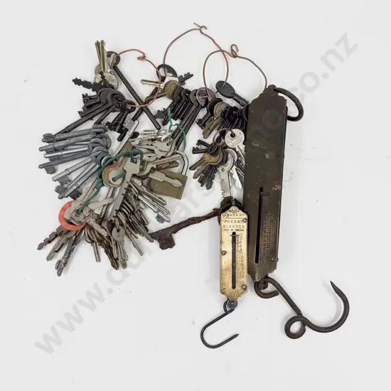Quantity of Assorted Vintage Keys together with Balance Scales